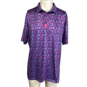 BOGEY BROS Mens Golf Polo Shirt L Pink Blue All Over Print Short Sleeve Collared